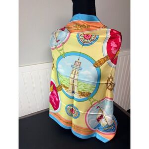 Talbots Nautical Silk Scarf Lighthouse Sailboat Compass Yellow Blue 26x26